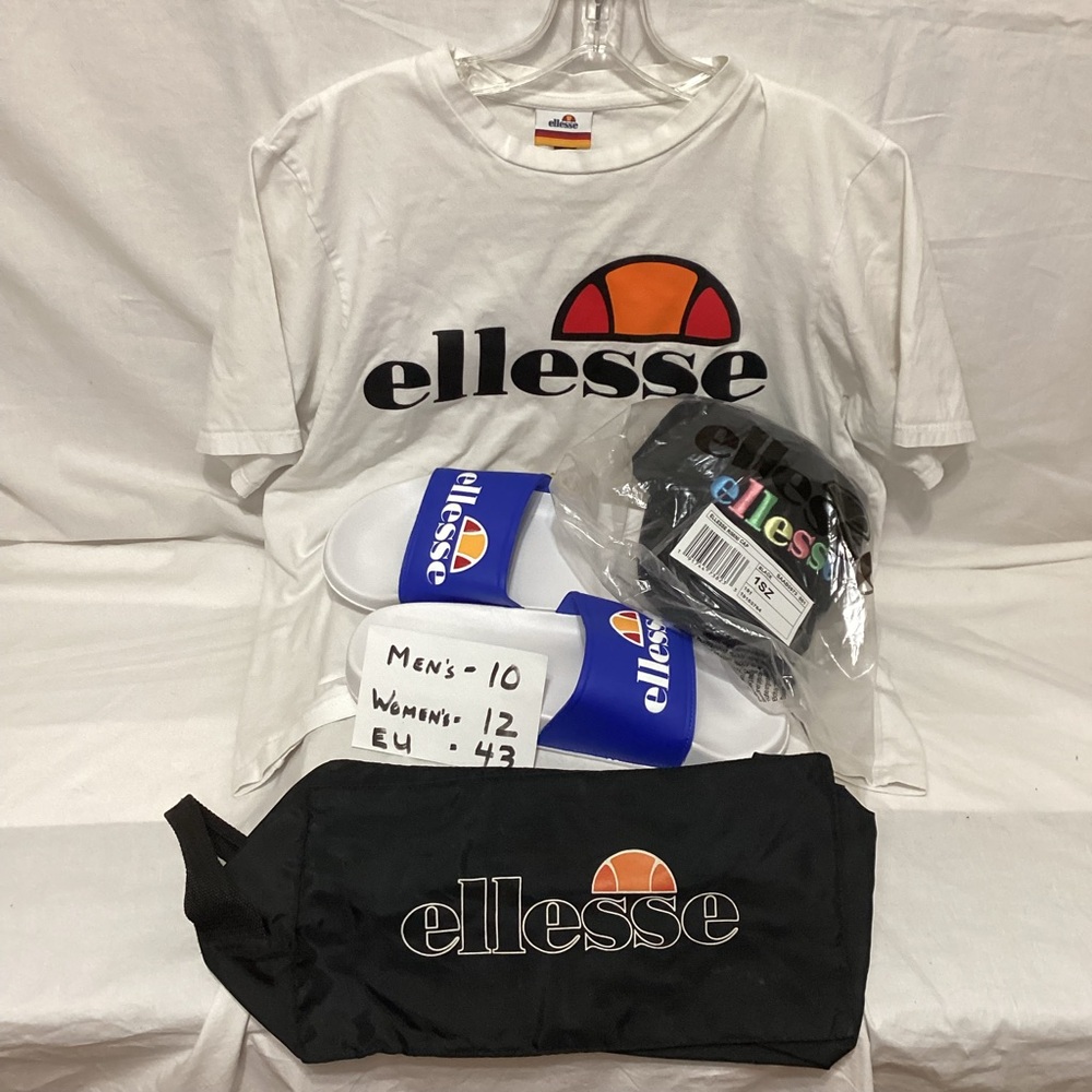 Ellesse Tennis Slides, Tennis Cap, T-shirt & Ellesse Accessories bag.
